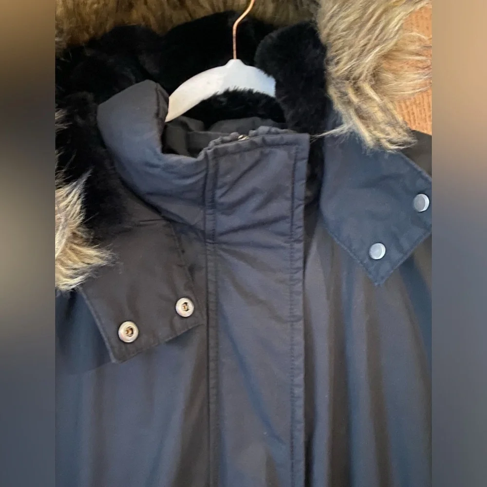 Banana Republic XXL Black Hooded Parka with Faux Fur Trim Coat